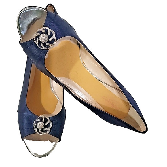 Erijunor Navy Blue Satin Peep-Toe Heels With Rhinestones Size 11B0 - Picture 9 of 14